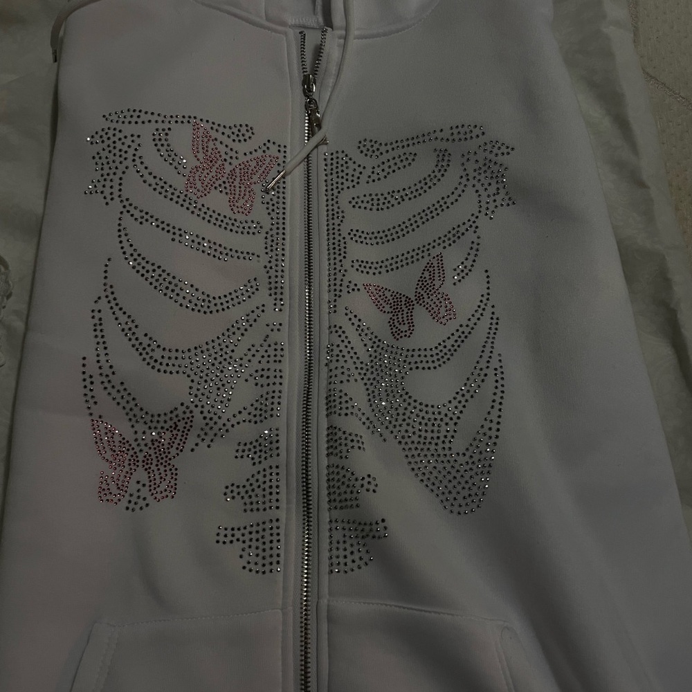 Gray Hoodie with Rhinestone Skeleton and Butterflies